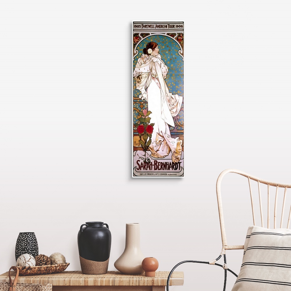 A farmhouse room featuring Bernhardt in the title role from 'La Dame aux camelias' on a poster by Alphonse Mucha for her 190...
