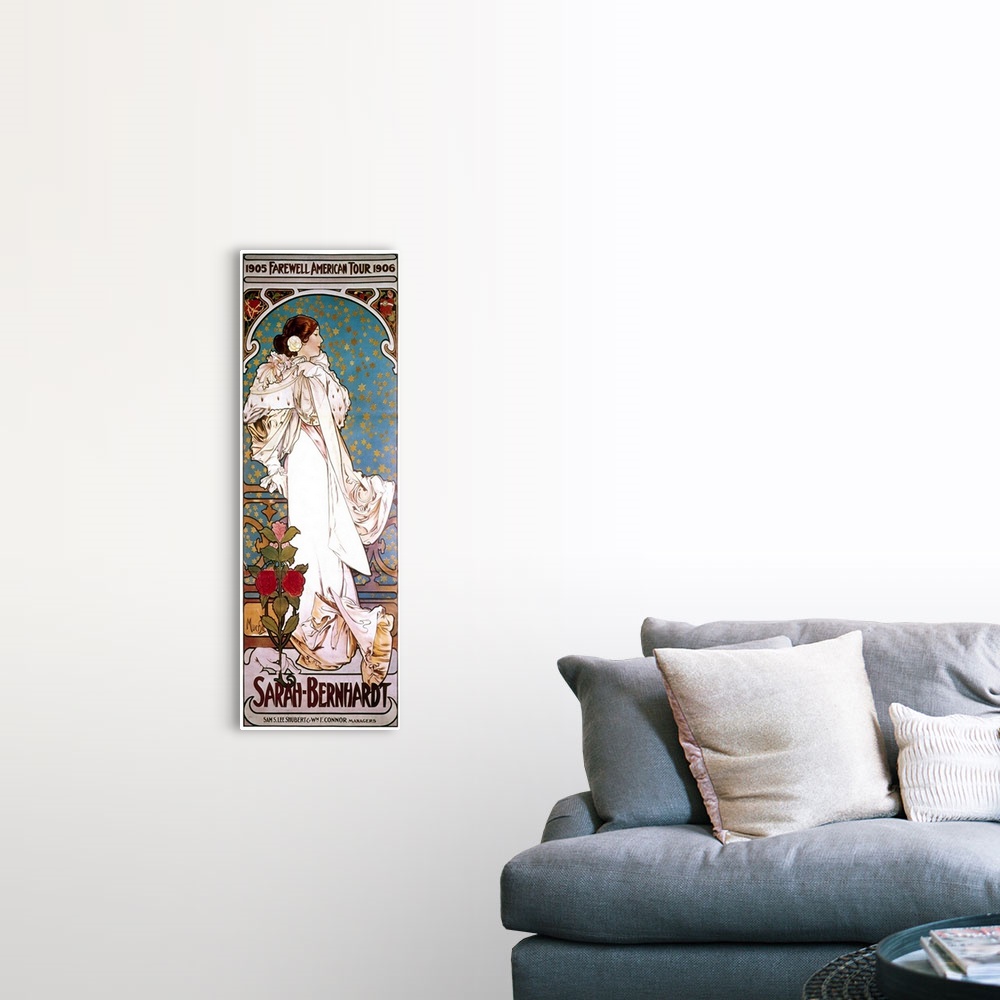 A farmhouse room featuring Bernhardt in the title role from 'La Dame aux camelias' on a poster by Alphonse Mucha for her 190...