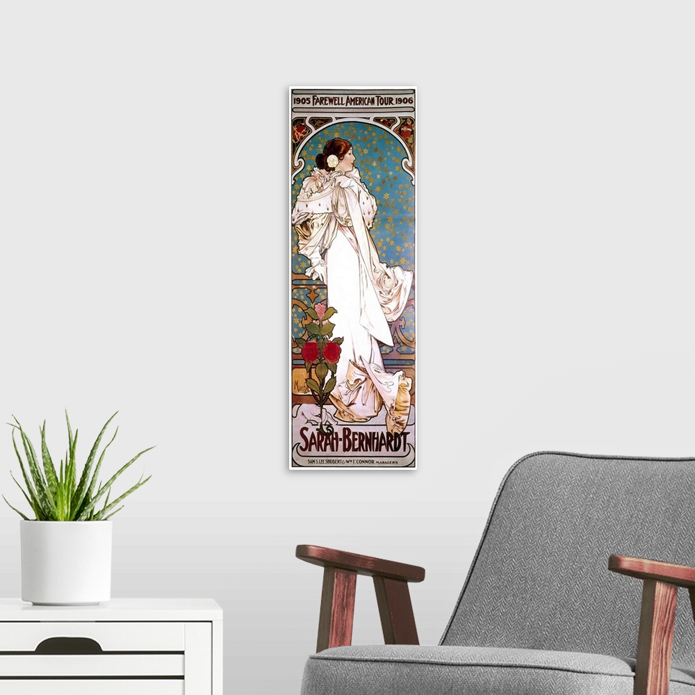 A modern room featuring Bernhardt in the title role from 'La Dame aux camelias' on a poster by Alphonse Mucha for her 190...