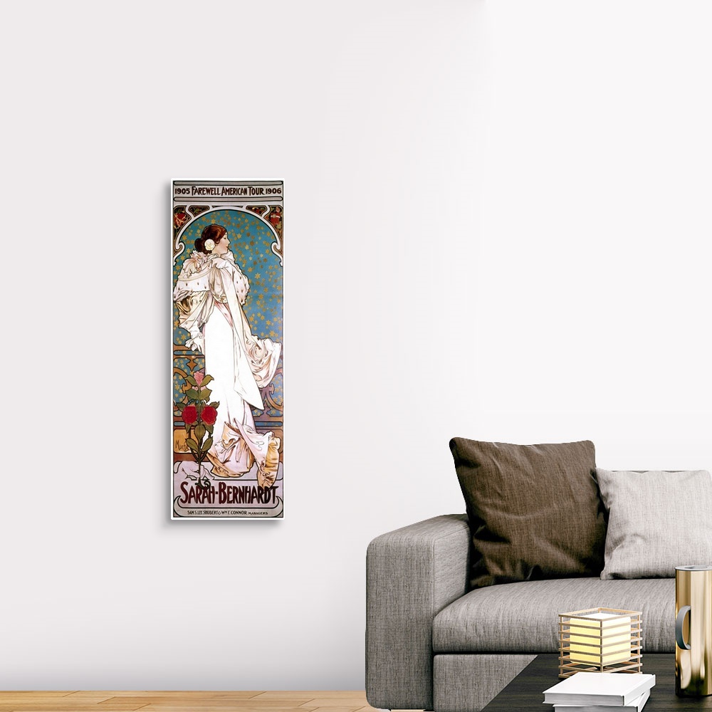 A traditional room featuring Bernhardt in the title role from 'La Dame aux camelias' on a poster by Alphonse Mucha for her 190...