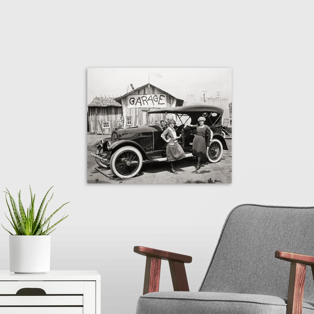 A modern room featuring Silent Film: Automobiles: Mildred June and Floy Gwinn.