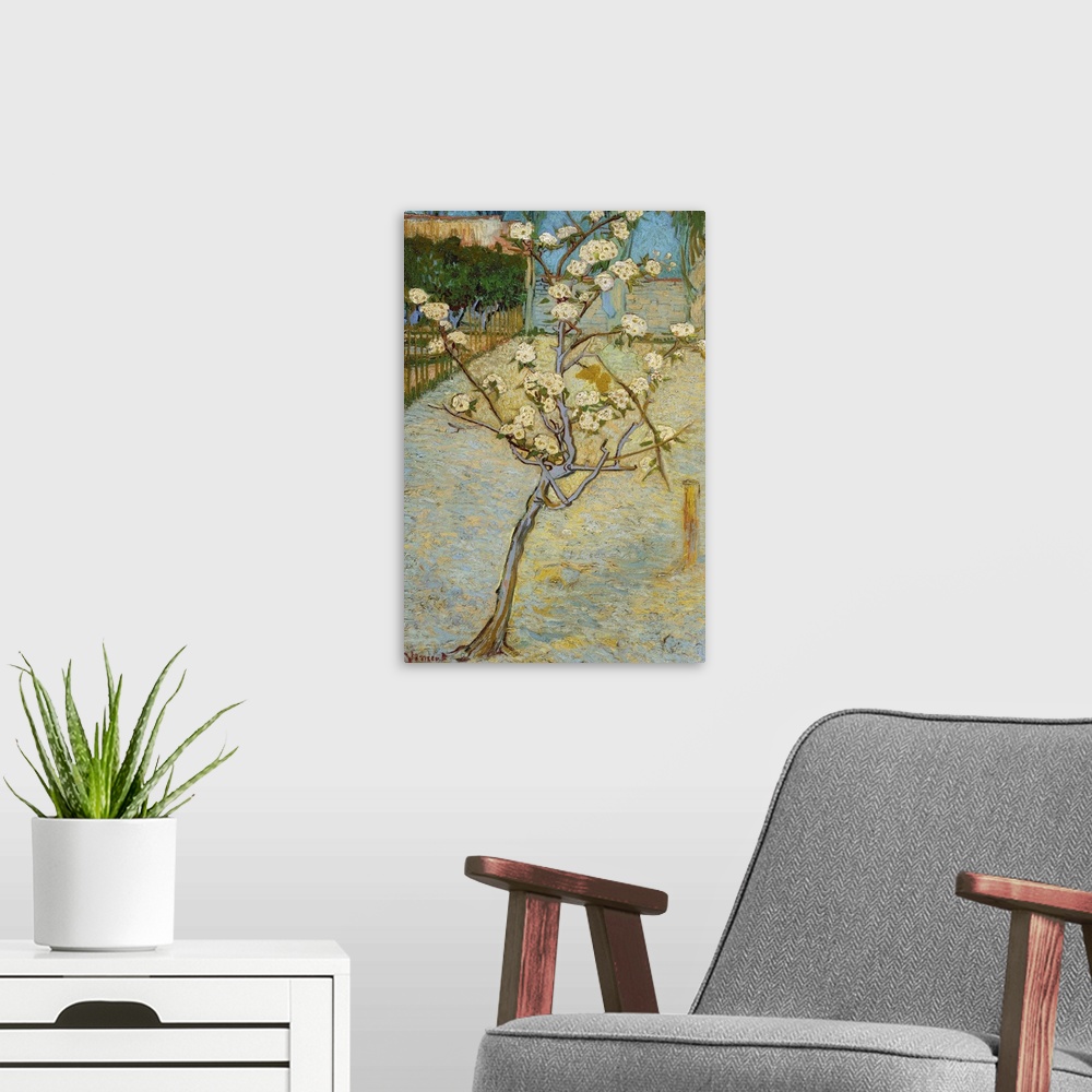 A modern room featuring Van Gogh, Peartree, 1888. 'Small Peartree In Blossom.' Oil On Canvas, Vincent Van Gogh, April 1888.