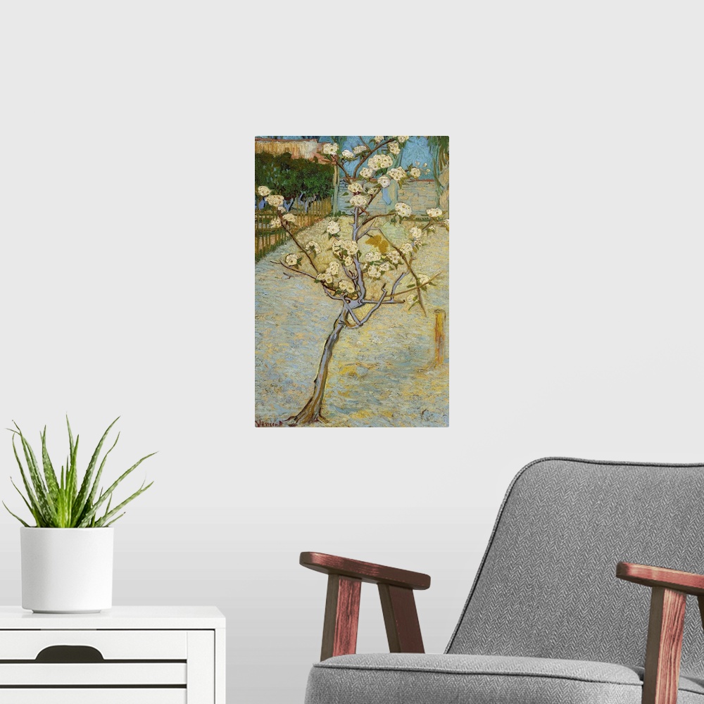 A modern room featuring Van Gogh, Peartree, 1888. 'Small Peartree In Blossom.' Oil On Canvas, Vincent Van Gogh, April 1888.