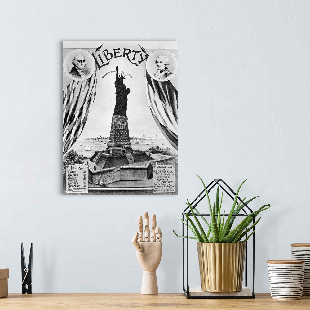 A bohemian room featuring 'Liberty Enlightening the World.' American sheet music cover, 1885, for compositions by Frederick...