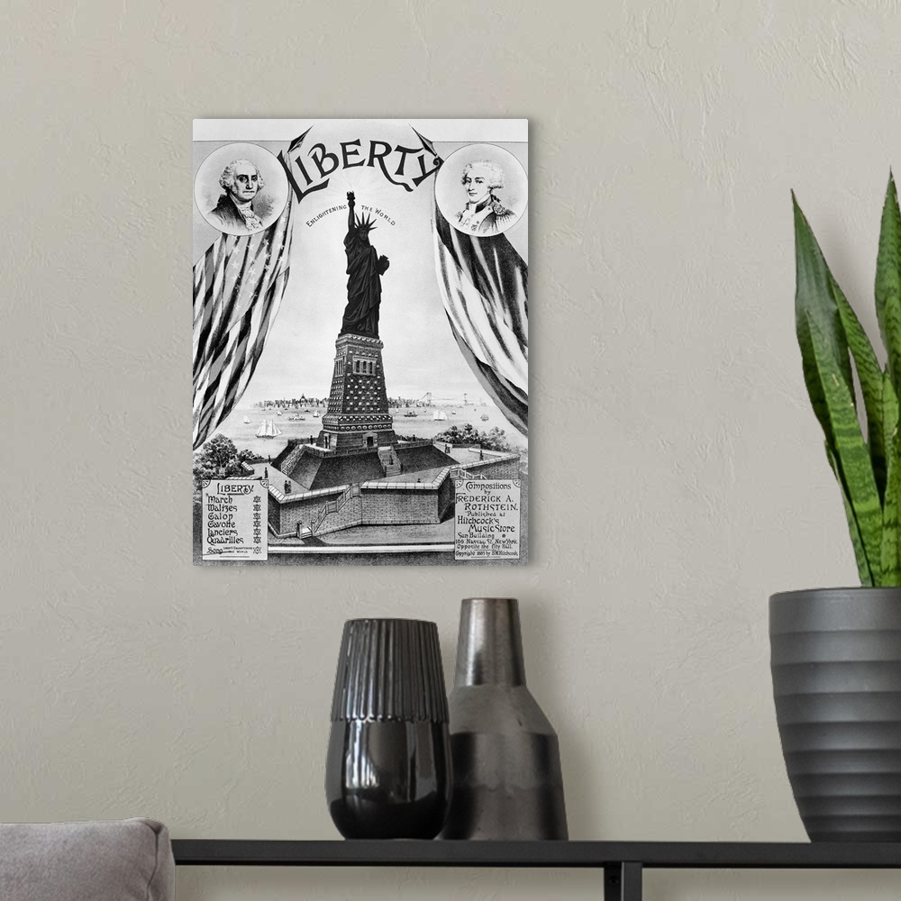 A modern room featuring 'Liberty Enlightening the World.' American sheet music cover, 1885, for compositions by Frederick...