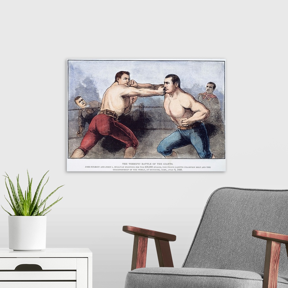 A modern room featuring Jake Kilrain (left) and John L. Sullivan in the 75-round contest (8 July 1889) at Richburg, Missi...