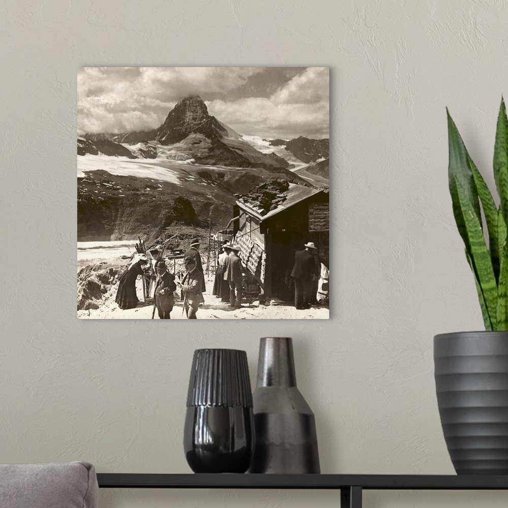 A modern room featuring Switzerland, Matterhorn. Tourists Buying Postcards At Gorner Grat, Switzerland, With the Matterho...