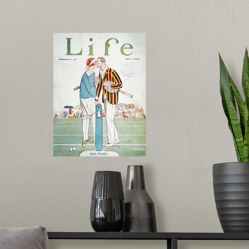 A modern room featuring 'Net Profit.' Tennis court romance on a 'Life' cover, 1925.