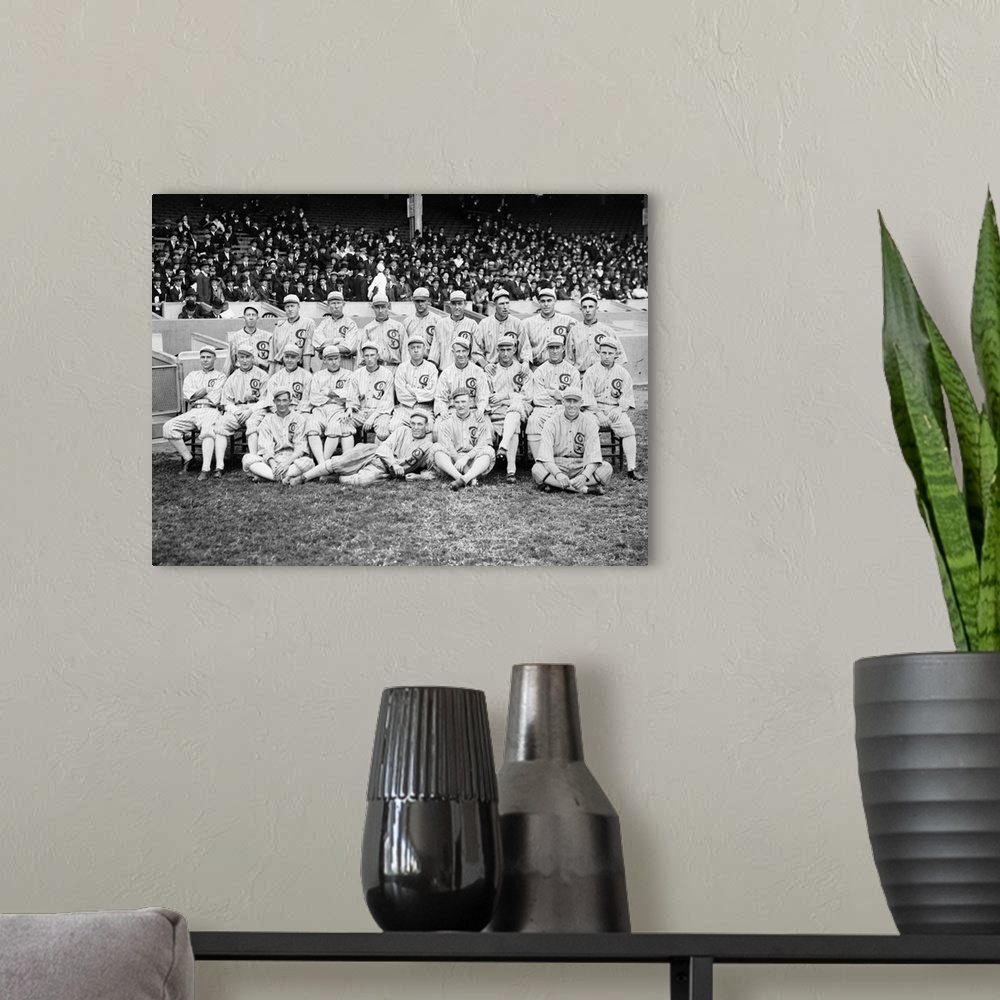 A modern room featuring The 1919 Chicago White Sox at Comiskey Park in Chicago, Illinois. Photograph, 1919.