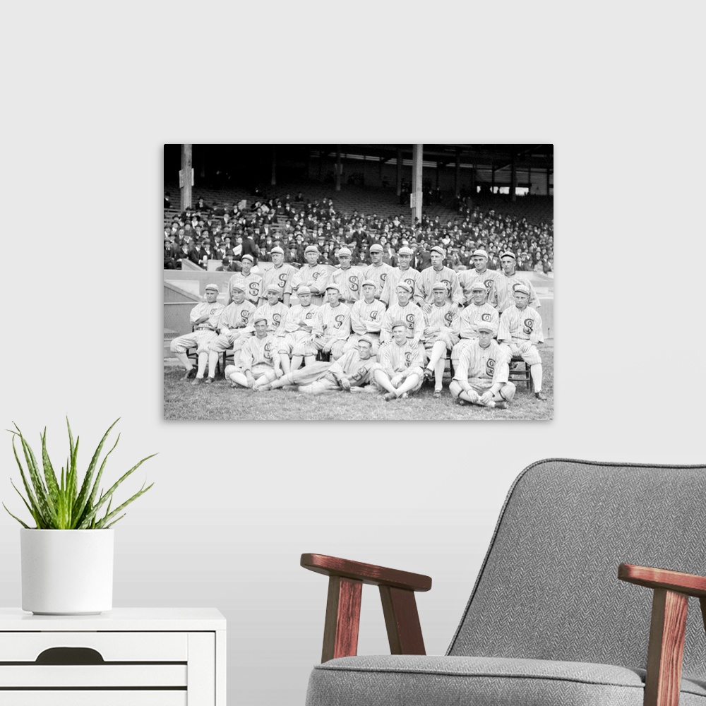 A modern room featuring The 1919 Chicago White Sox at Comiskey Park in Chicago, Illinois. Photograph, 1919.