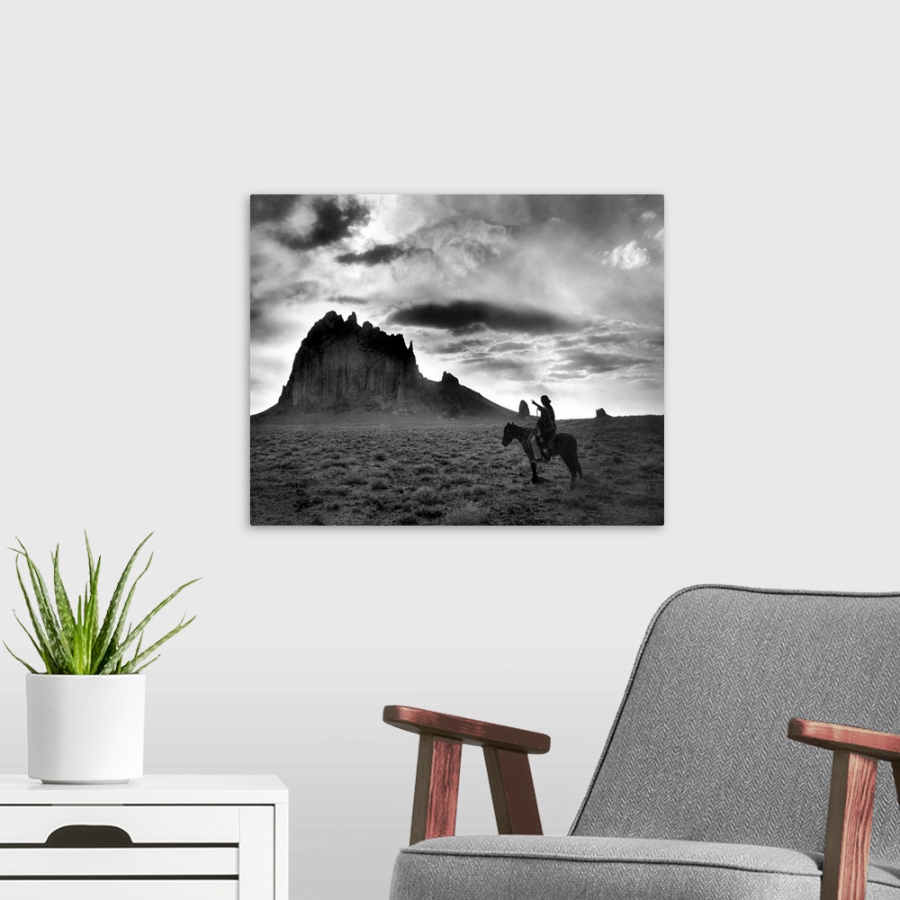 A modern room featuring Navajo Man, C1915. 'The Dawn Of the Day.' A Navajo Man On Horseback, Gesturing Toward A Butte In ...