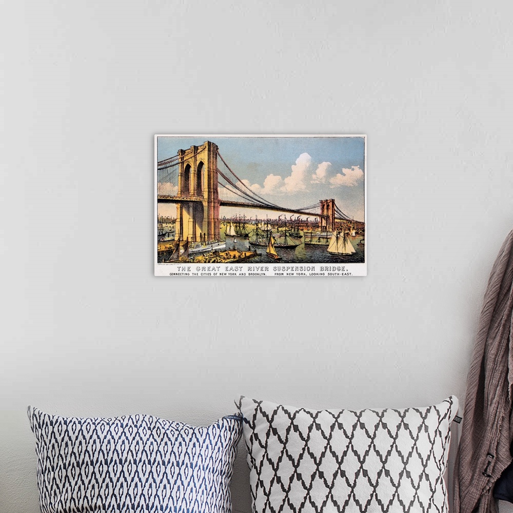 A bohemian room featuring 'The Great East River Suspension Bridge.' View of the Brooklyn Bridge connecting Manhattan and Br...