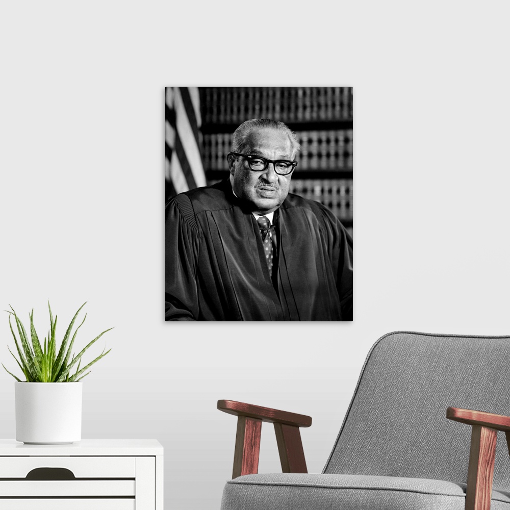 A modern room featuring THURGOOD MARSHALL (1908-1993). American jurist. Photograph, 1976.