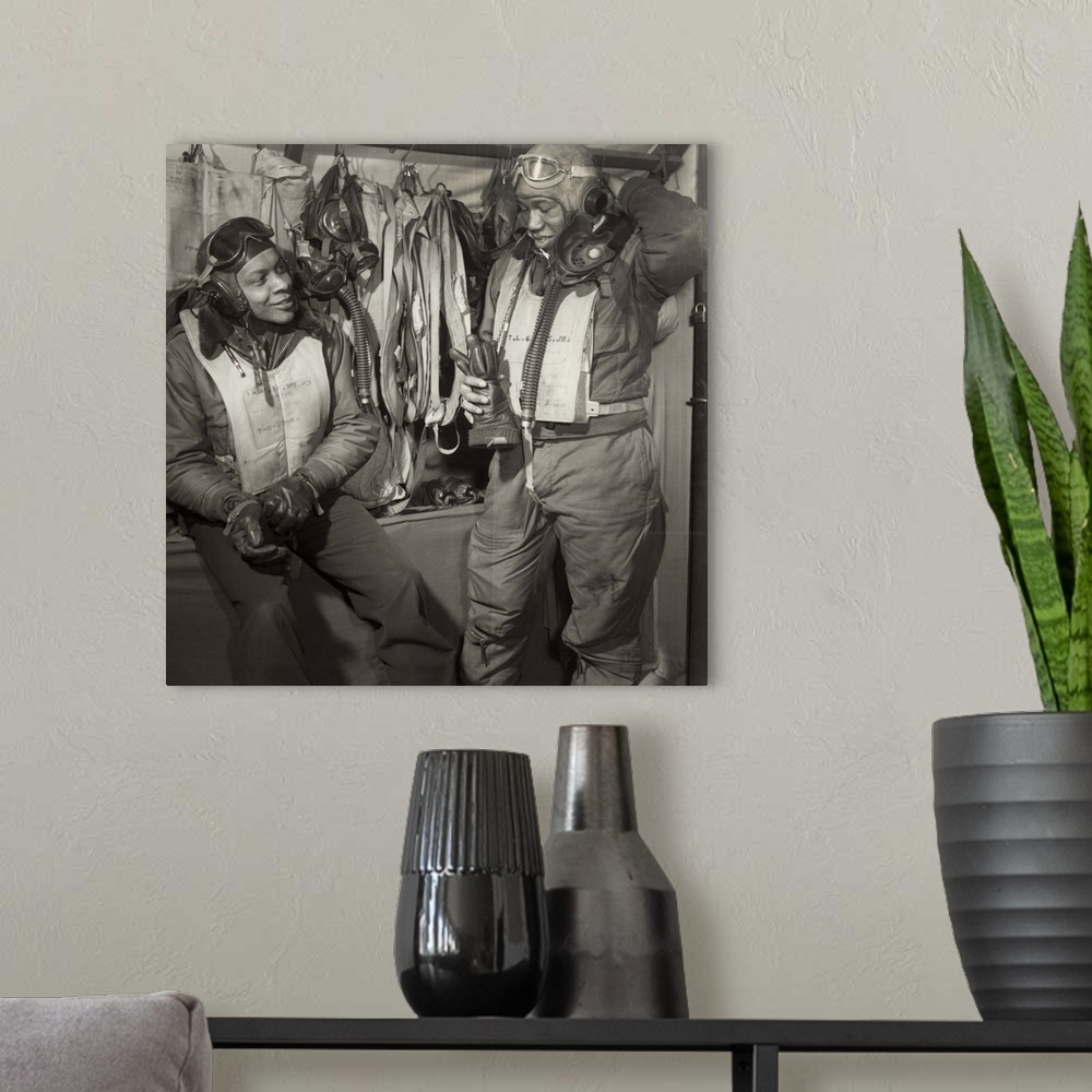 A modern room featuring William Campbell (left) and Thurston Gaines, Jr. of the Tuskegee Airmen 332nd Fighter Group at Ra...