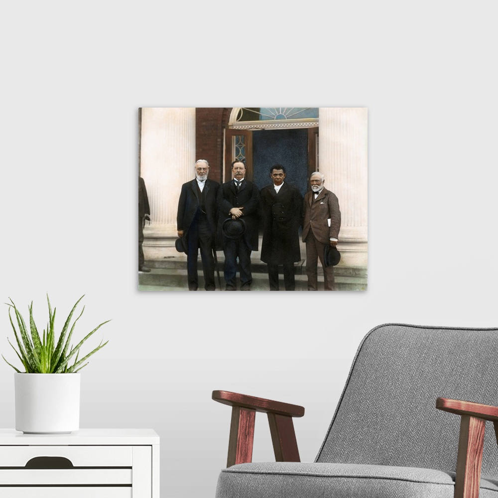 A modern room featuring TUSKEGEE INSTITUTE 1906. Left to right: Trustee Robert C. Ogden, William Howard Taft, Booker T. W...