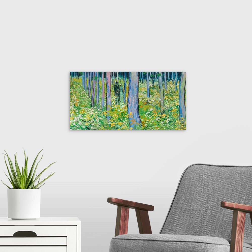 A modern room featuring Van Gogh, Undergrowth. 'Undergrowth With Two Figures.' Oil On Canvas, Vincent Van Gogh, June 1890.