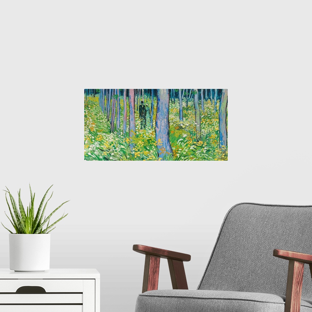 A modern room featuring Van Gogh, Undergrowth. 'Undergrowth With Two Figures.' Oil On Canvas, Vincent Van Gogh, June 1890.