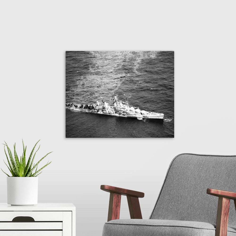A modern room featuring Aerial view of the USS Reno after being torpedoed, photographed alongside the USS Zuni, 5 Novembe...