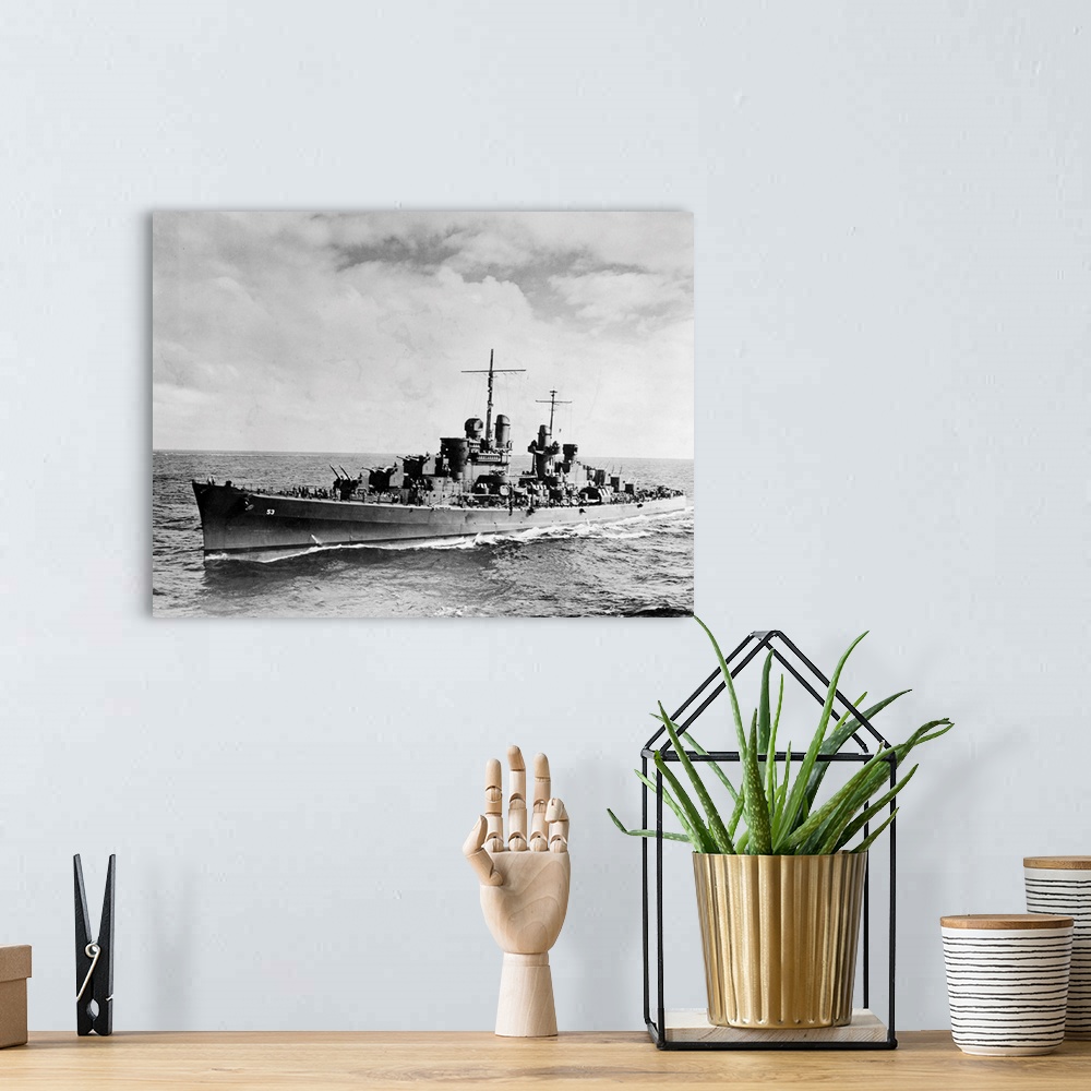 A bohemian room featuring The World War II US Navy cruiser 'San Diego. Photograph, n.d.