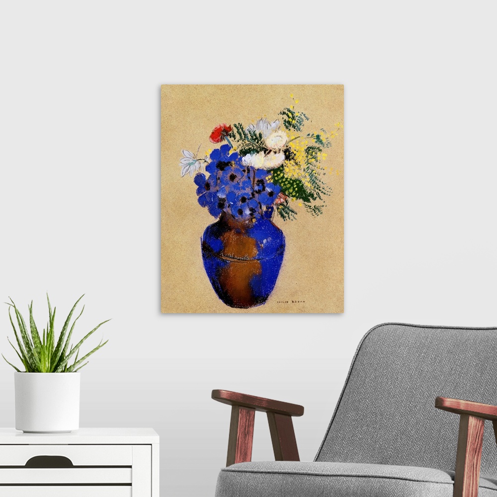 A modern room featuring Redon, Vase Of Flowers. Pastel Drawing By Odilon Redon (1840-1916).
