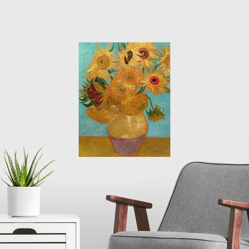 A modern room featuring Van Gogh, Sunflowers, 1889. 'Vase With Twelve Sunflowers.' Oil On Canvas, Vincent Van Gogh, Janua...