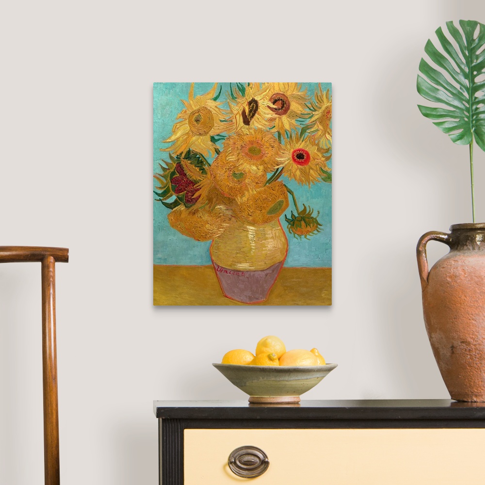 A traditional room featuring Van Gogh, Sunflowers, 1889. 'Vase With Twelve Sunflowers.' Oil On Canvas, Vincent Van Gogh, Janua...