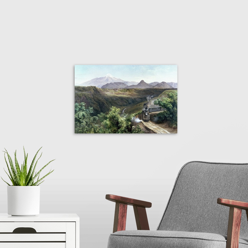 A modern room featuring 'The Train,' in the shadow of the volcano El Citlaltepetl, in southern Mexico. Oil on canvas by J...
