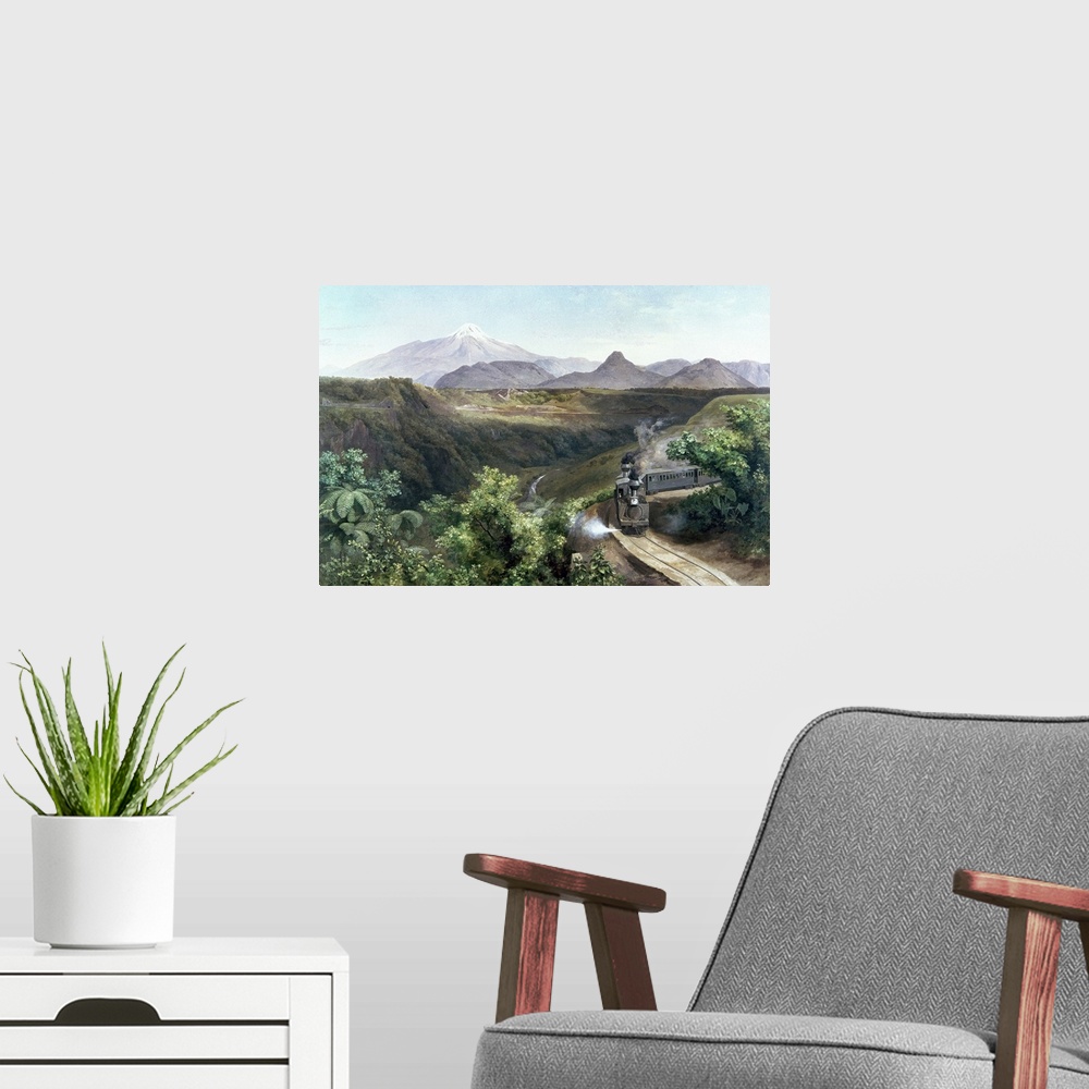 A modern room featuring 'The Train,' in the shadow of the volcano El Citlaltepetl, in southern Mexico. Oil on canvas by J...