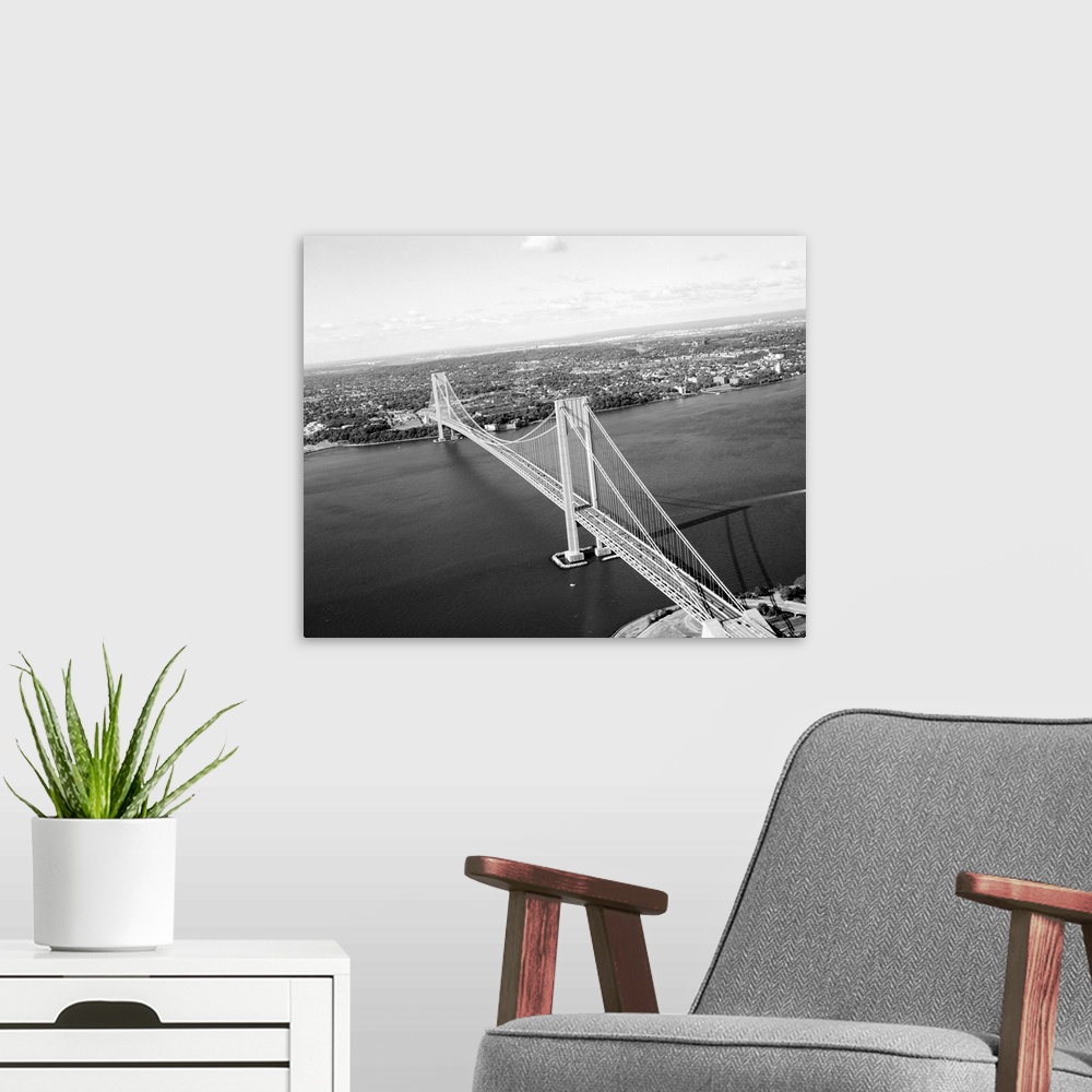 A modern room featuring View of the Verrazzano-Narrows bridge from Brooklyn, looking southwest toward Staten Island, New ...