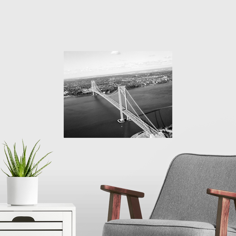 A modern room featuring View of the Verrazzano-Narrows bridge from Brooklyn, looking southwest toward Staten Island, New ...