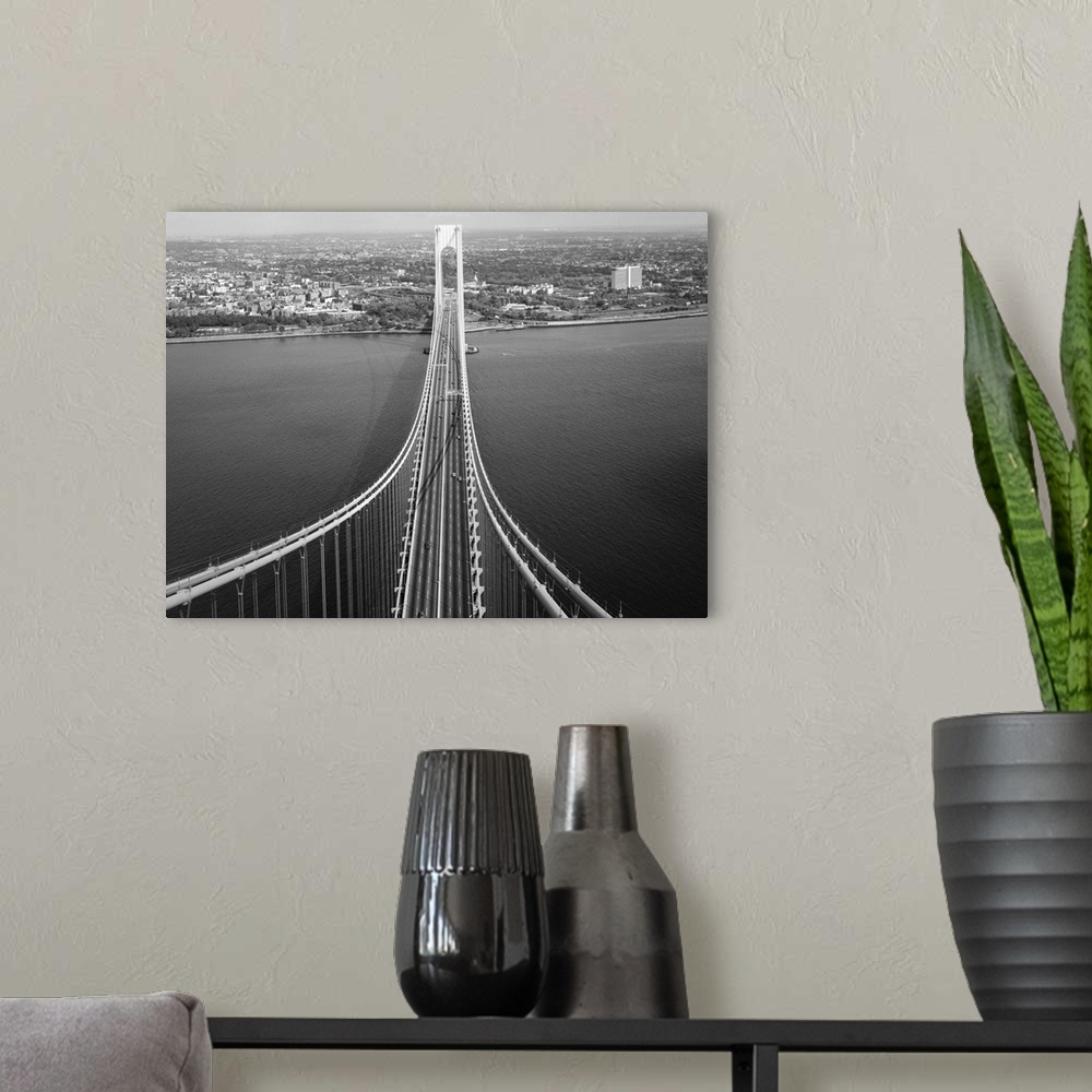 A modern room featuring View of the Verrazzano-Narrows bridge looking north toward Brooklyn from Staten Island, New York ...