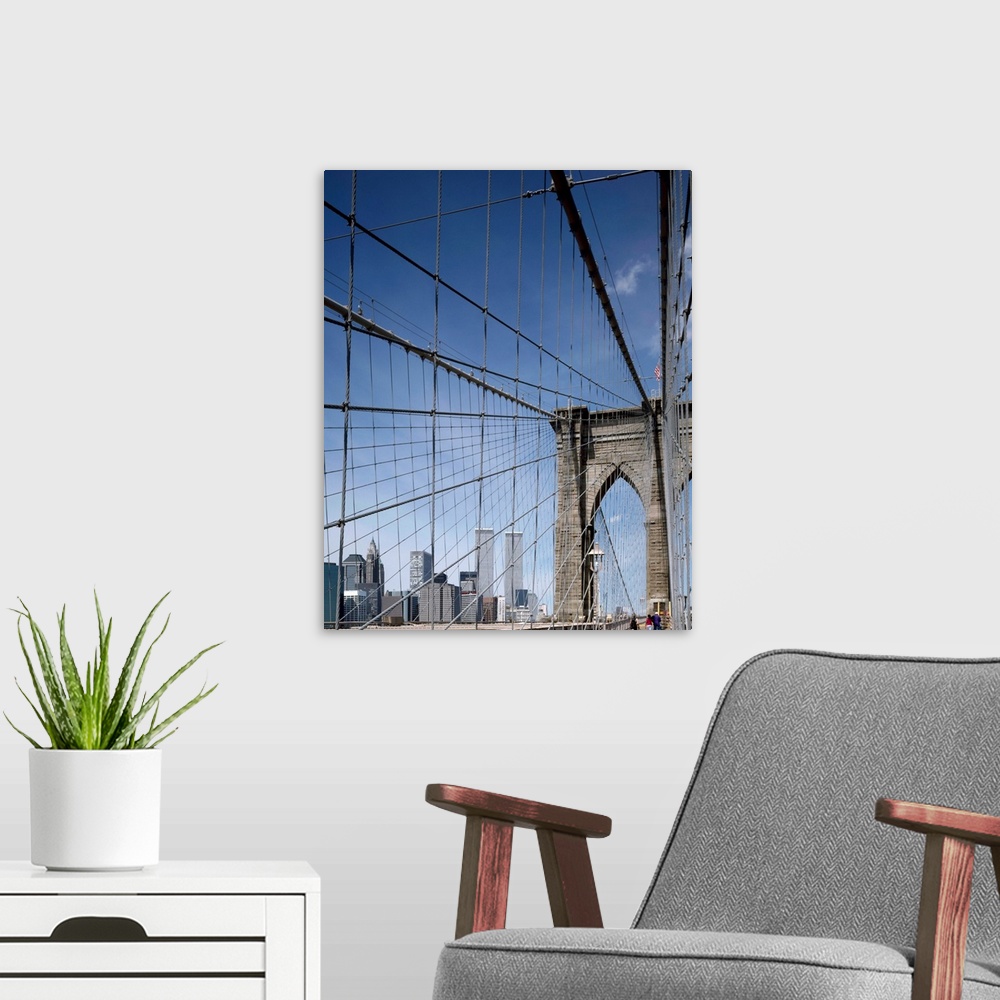 A modern room featuring View of Manhattan from the Brooklyn Bridge, New York. Photograph by Carol Highsmith, 2001.