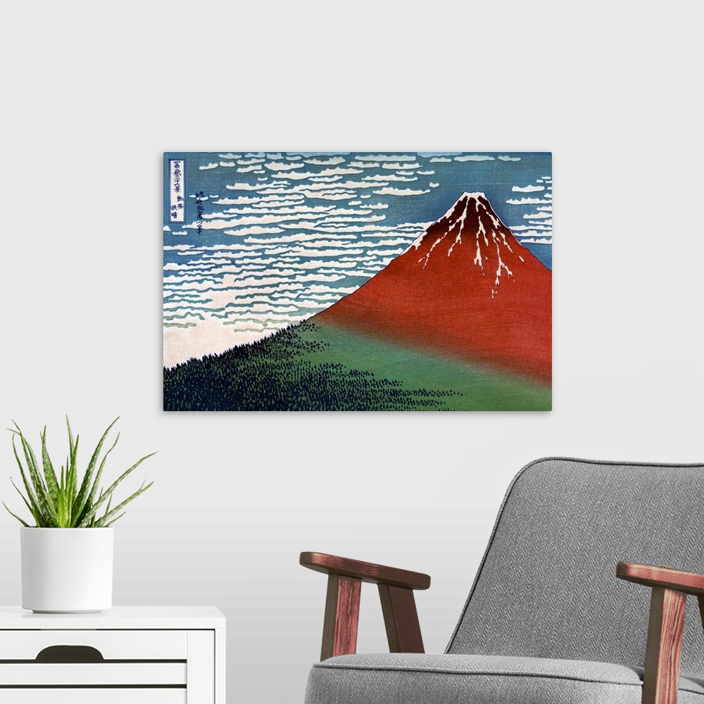 A modern room featuring Hokusai, Gaifu Kaisei. View Of Mount Fuji In Japan. Woodcut By Katsushika Hokusai, Early 19th Cen...