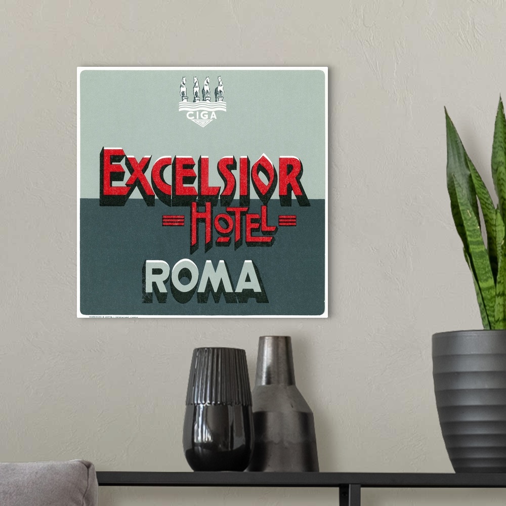 A modern room featuring Luggage label from the Excelsior Hotel in Rome, Italy, 20th century.