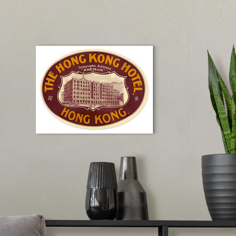 A modern room featuring Luggage label from the Hong Kong Hotel in China, early 20th century.