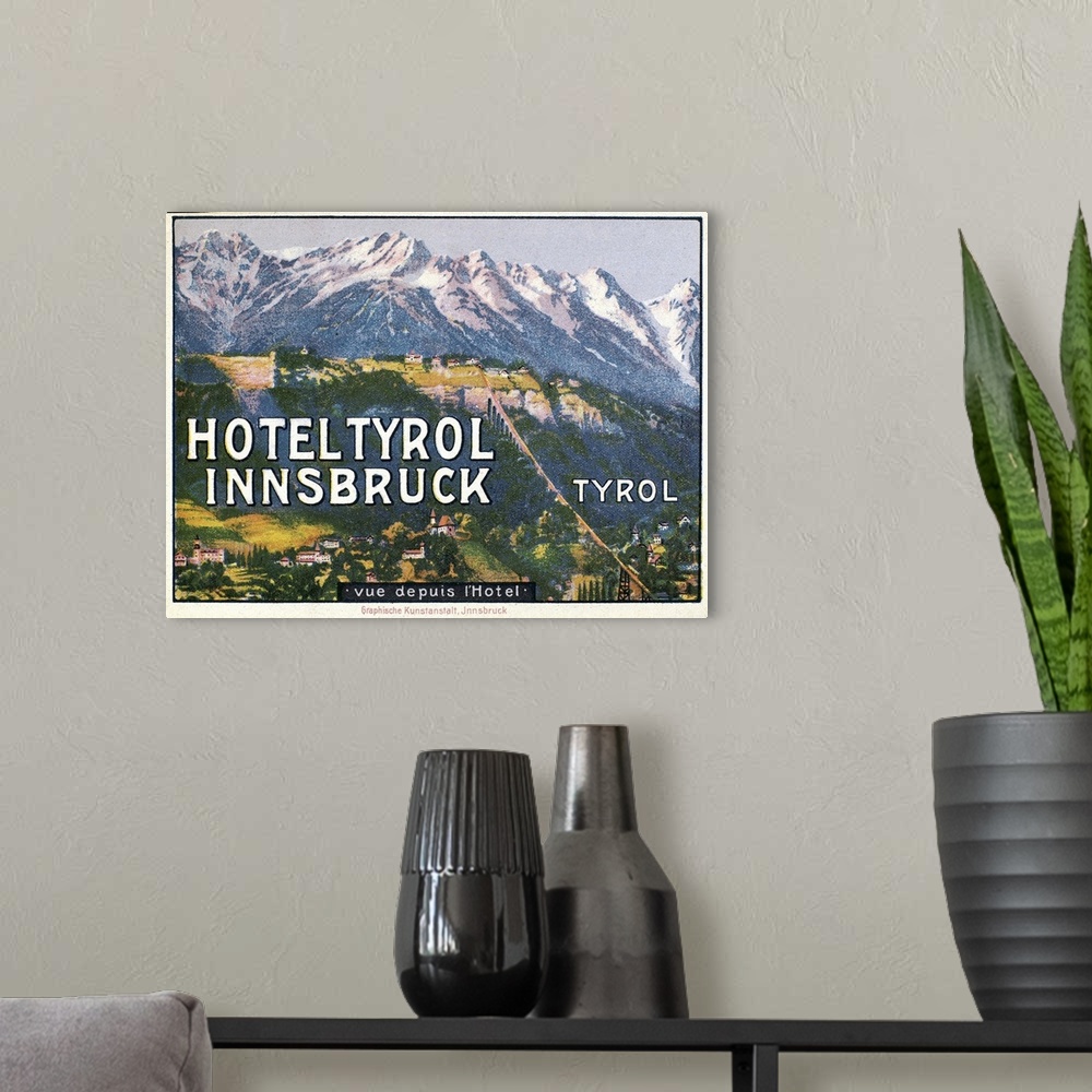 A modern room featuring Luggage label from the Hotel Tyrol Innsbruck in Austria, early 20th century.