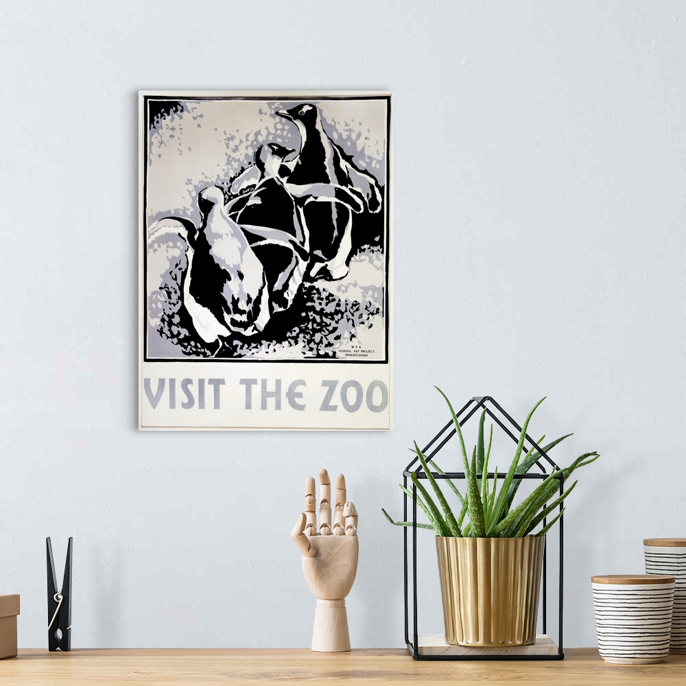 A bohemian room featuring 'Visit the Zoo.' Woodcut by Louise Welsh, c1936.