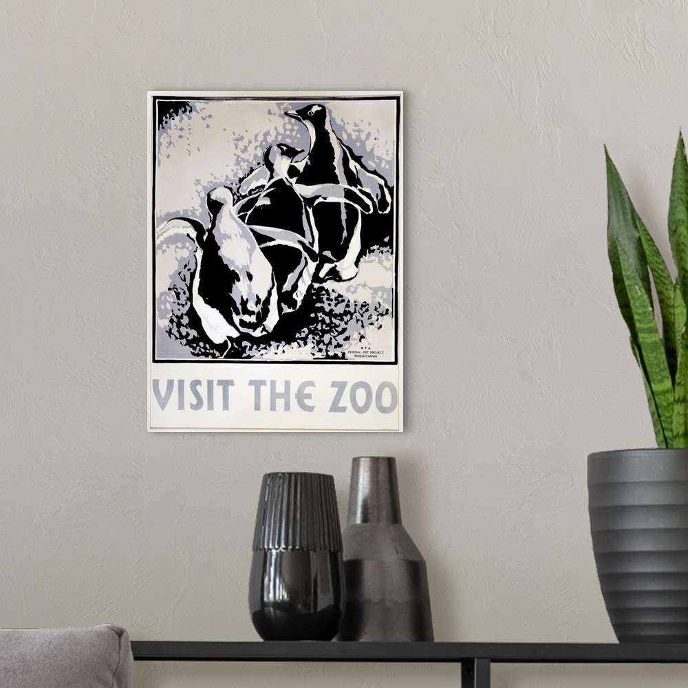 A modern room featuring 'Visit the Zoo.' Woodcut by Louise Welsh, c1936.
