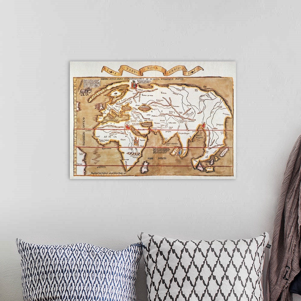 A bohemian room featuring Waldseemuller, World Map. Map Of the World By Martin Waldseemuller And Laurens Fries, Printed At ...
