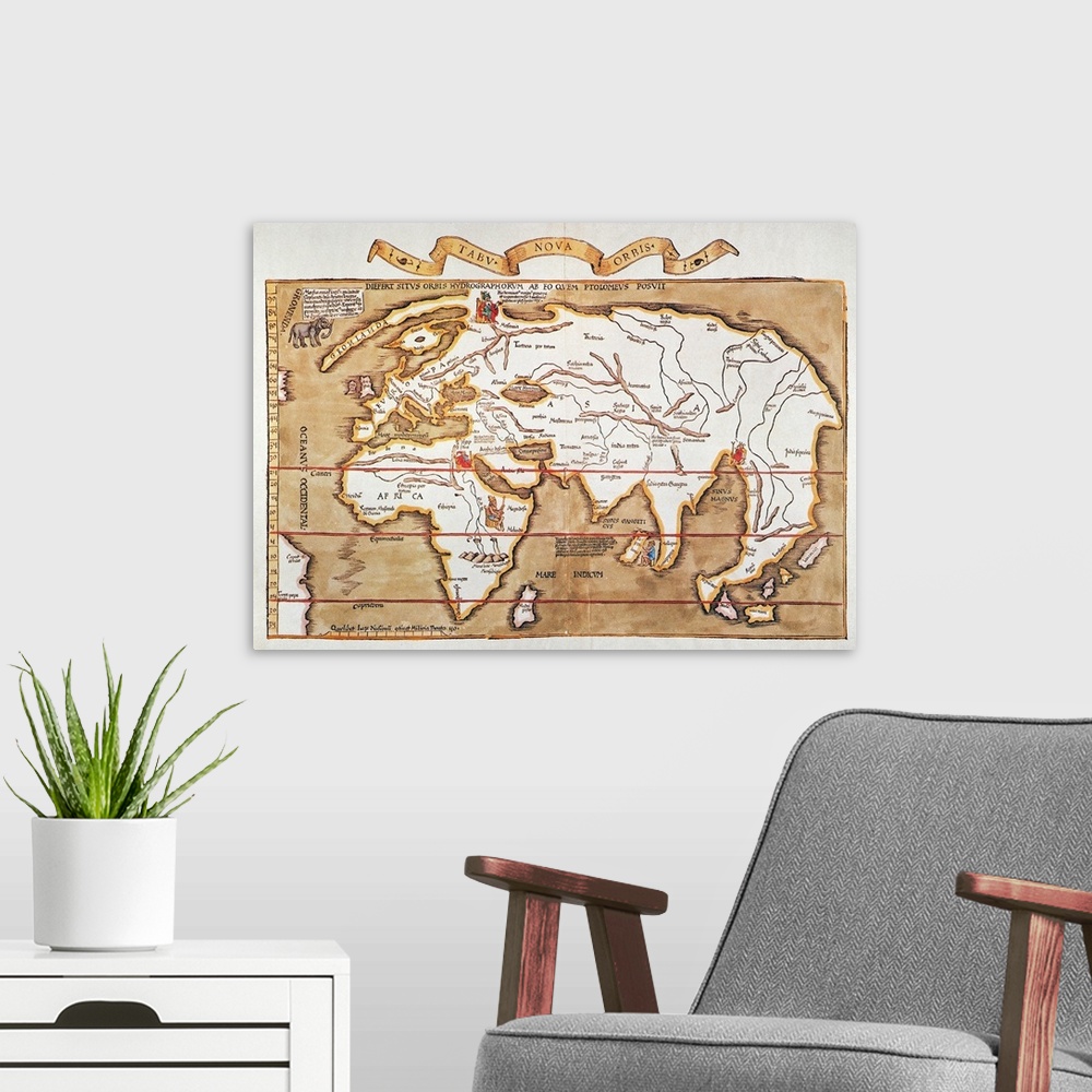 A modern room featuring Waldseemuller, World Map. Map Of the World By Martin Waldseemuller And Laurens Fries, Printed At ...