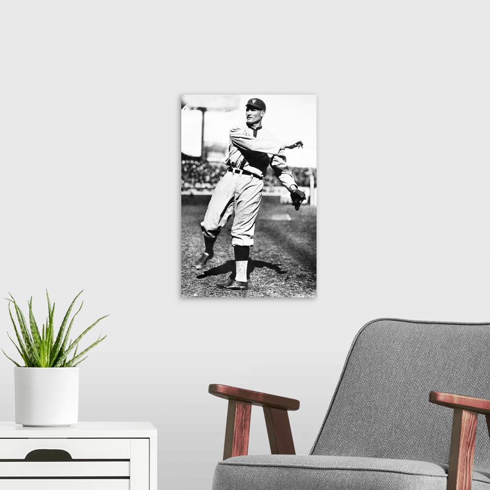 A modern room featuring American professional baseball player. Pitching in 1925.