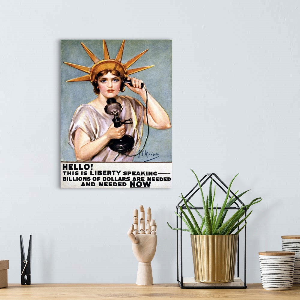 A bohemian room featuring An American war poster depicting a woman dressed as the Statue of Liberty, talking on the telepho...