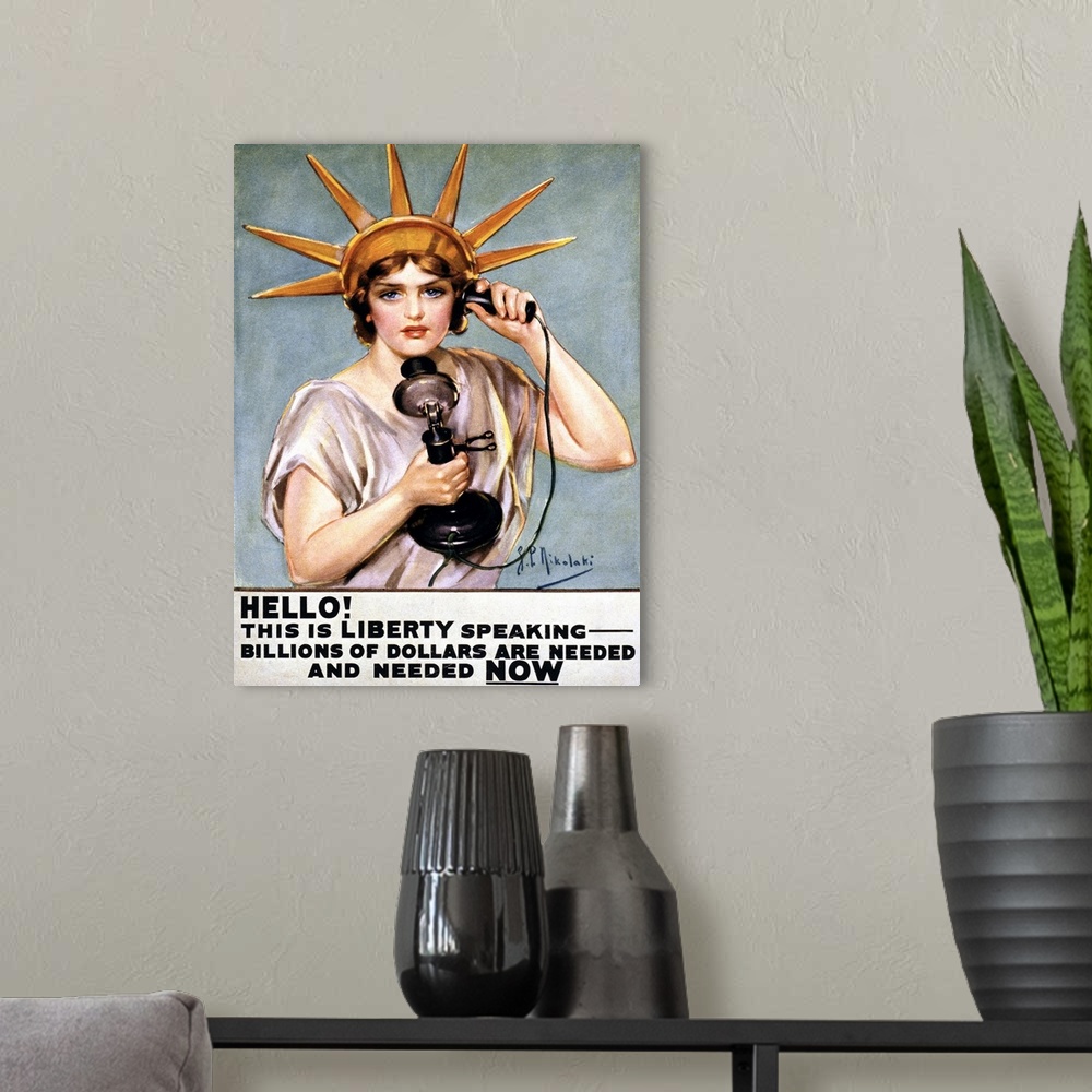 A modern room featuring An American war poster depicting a woman dressed as the Statue of Liberty, talking on the telepho...