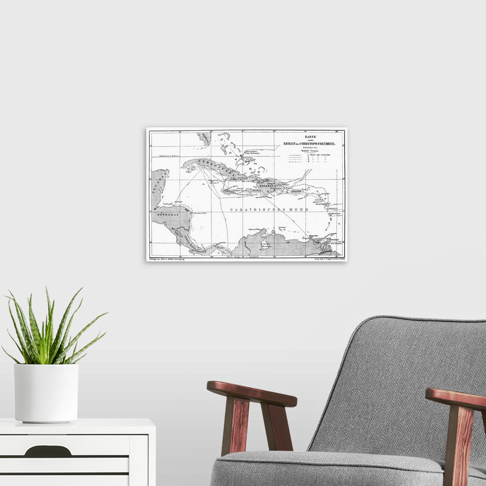 A modern room featuring West Indies Map, C1890. A German Map Of Cuba, Jamaica And Hispaniola, C1890.