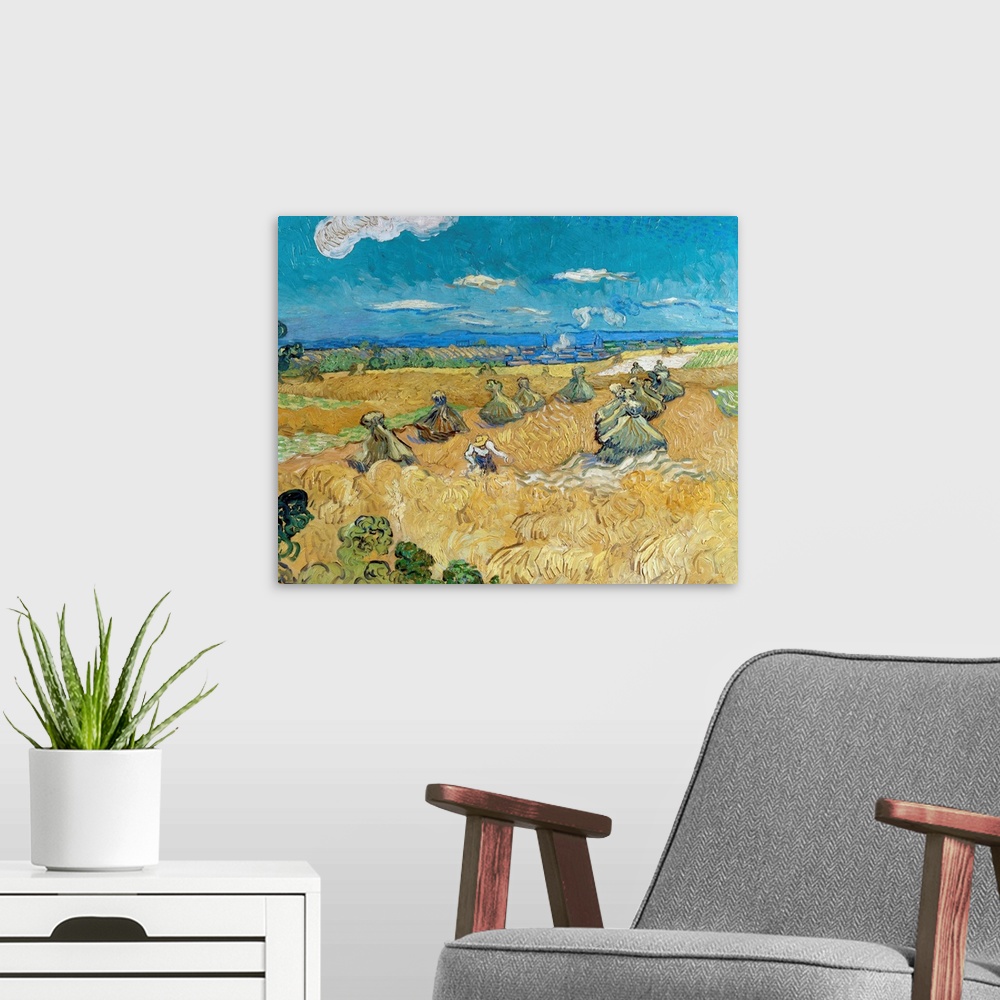 A modern room featuring Van Gogh, Wheat Fields, 1888. 'Wheat Fields With Reaper.' Oil On Canvas, Vincent Van Gogh, June 1...