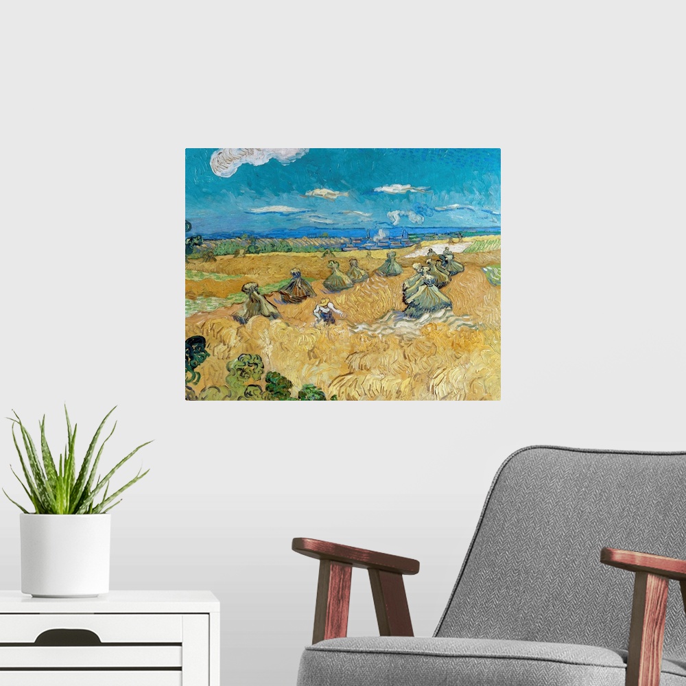 A modern room featuring Van Gogh, Wheat Fields, 1888. 'Wheat Fields With Reaper.' Oil On Canvas, Vincent Van Gogh, June 1...