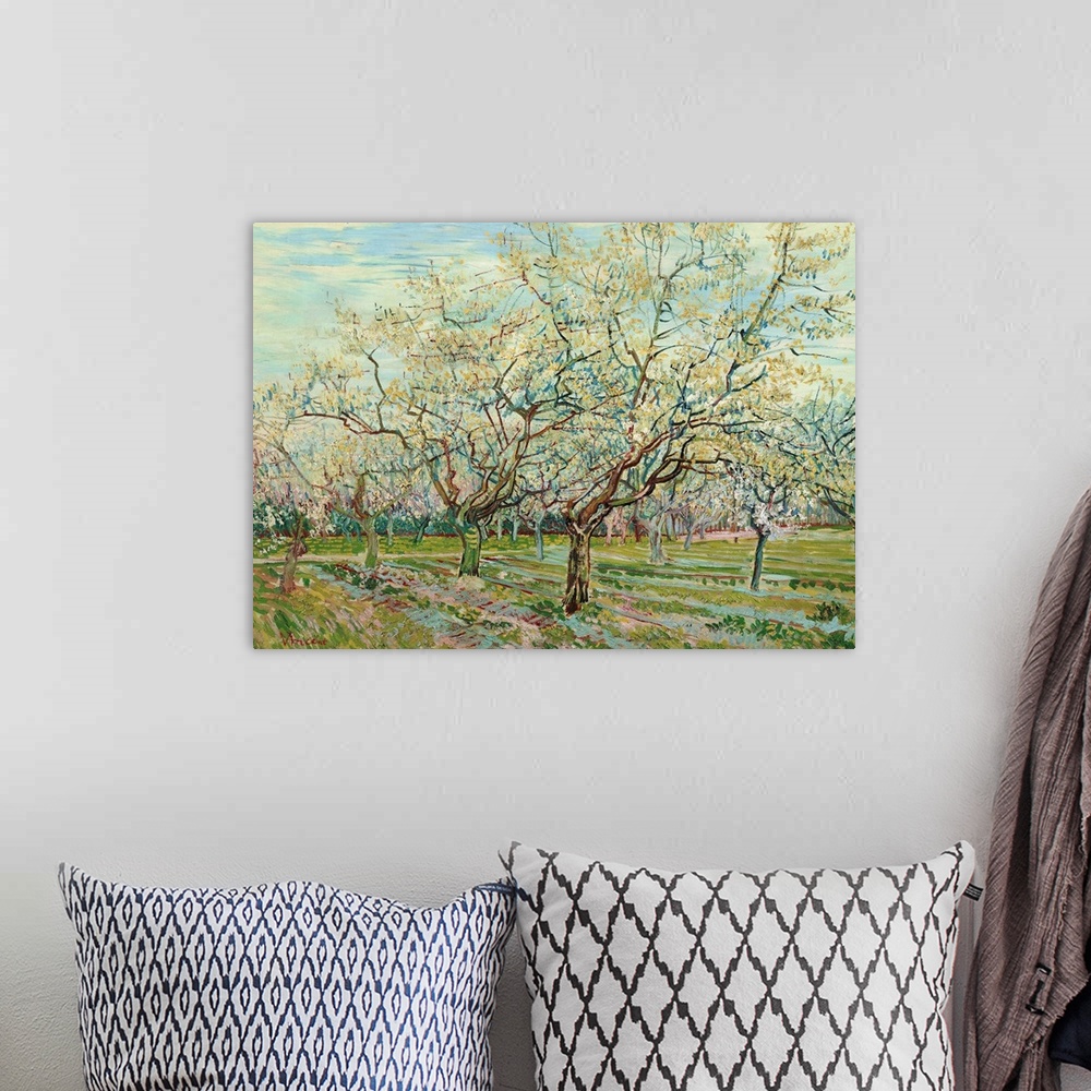 A bohemian room featuring Van Gogh, White Orchard. Oil On Canvas, Vincent Van Gogh, 1888.