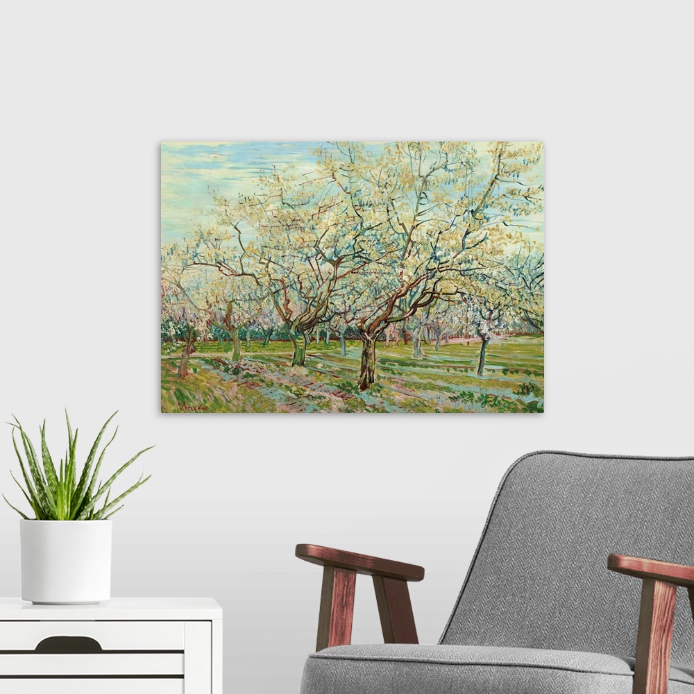 A modern room featuring Van Gogh, White Orchard. Oil On Canvas, Vincent Van Gogh, 1888.