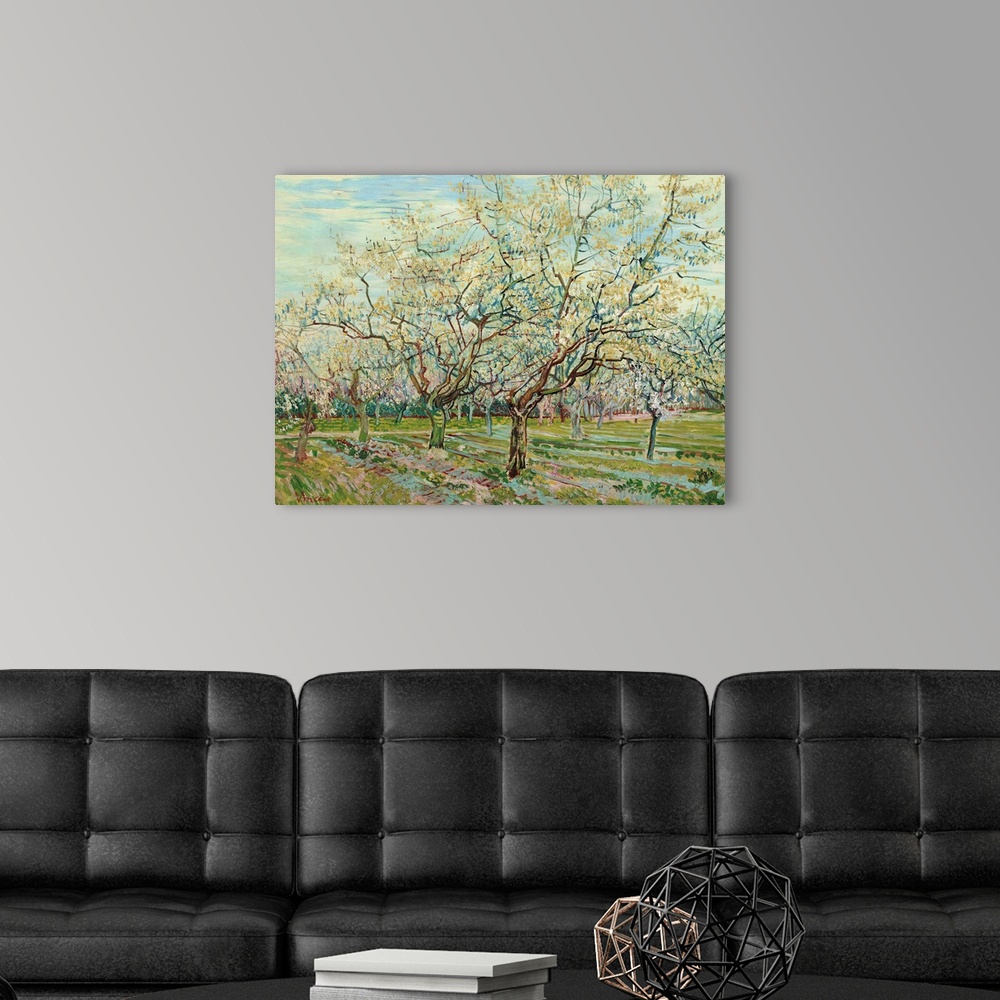 A modern room featuring Van Gogh, White Orchard. Oil On Canvas, Vincent Van Gogh, 1888.