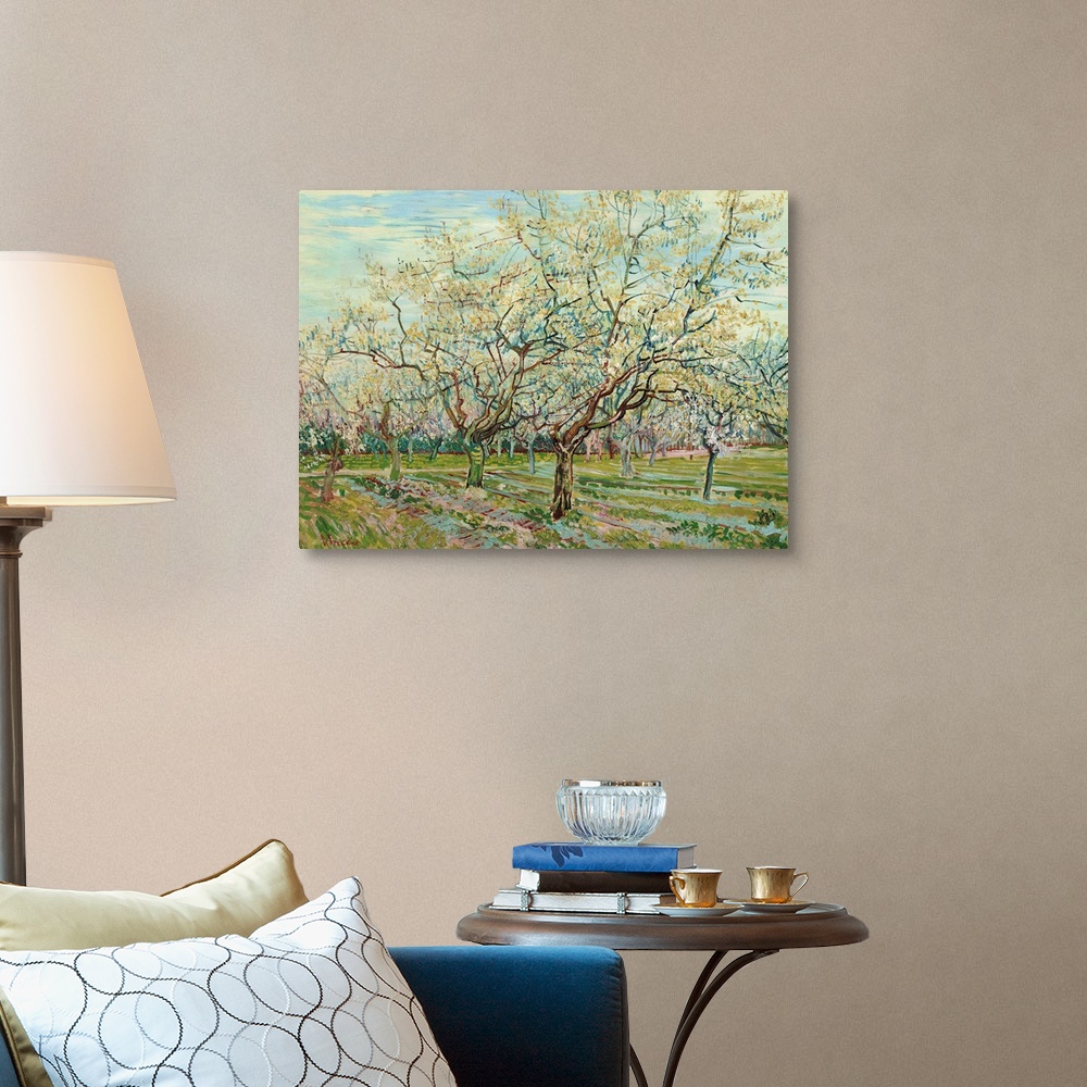 A traditional room featuring Van Gogh, White Orchard. Oil On Canvas, Vincent Van Gogh, 1888.